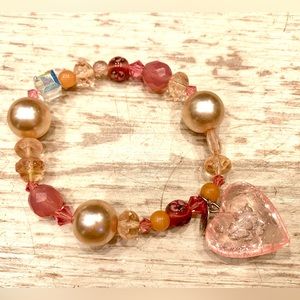 Vintage Tarina Tarantino Carved Lucite, Swarovski Pearls, & Heart Charm Bracelet